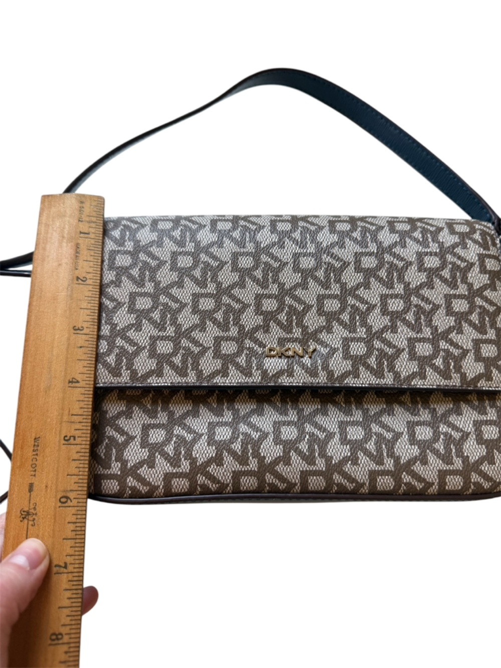 NWT DKNY Beige/Brown Monogram Crossbody with Gold Hardware & Gold Charm - Picture 4 of 6